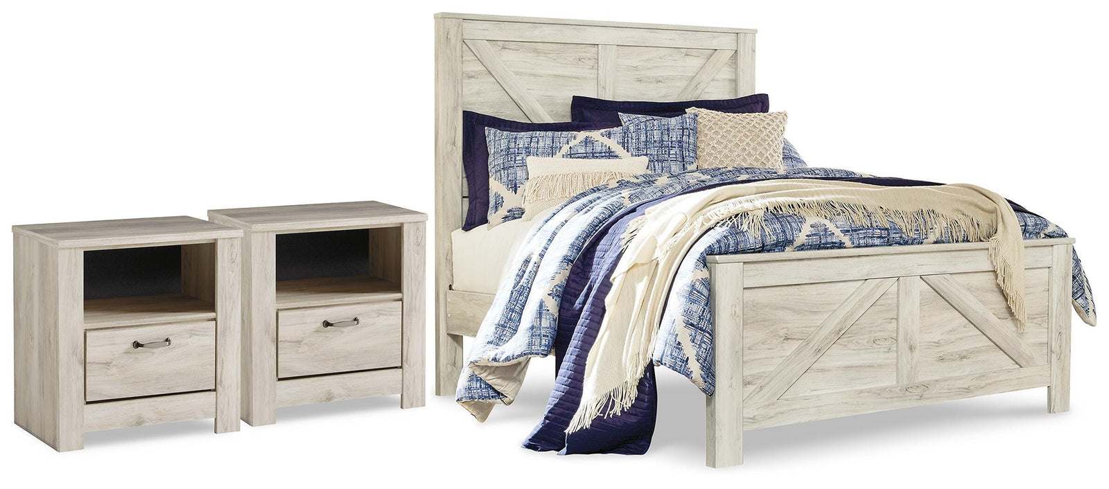 Bellaby Crossbuck Panel Bed and 2 Nightstands - Whitewash  (B331-SI)