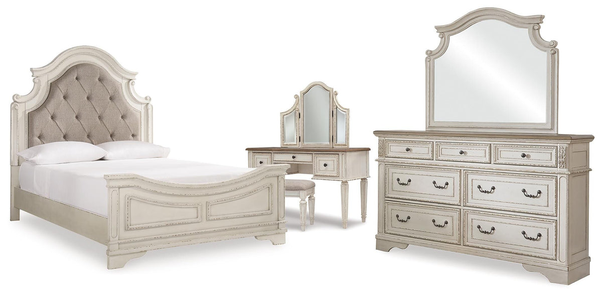 Realyn Panel Bed, Dresser, Mirror and Vanity - Two-tone  (B743-SI)