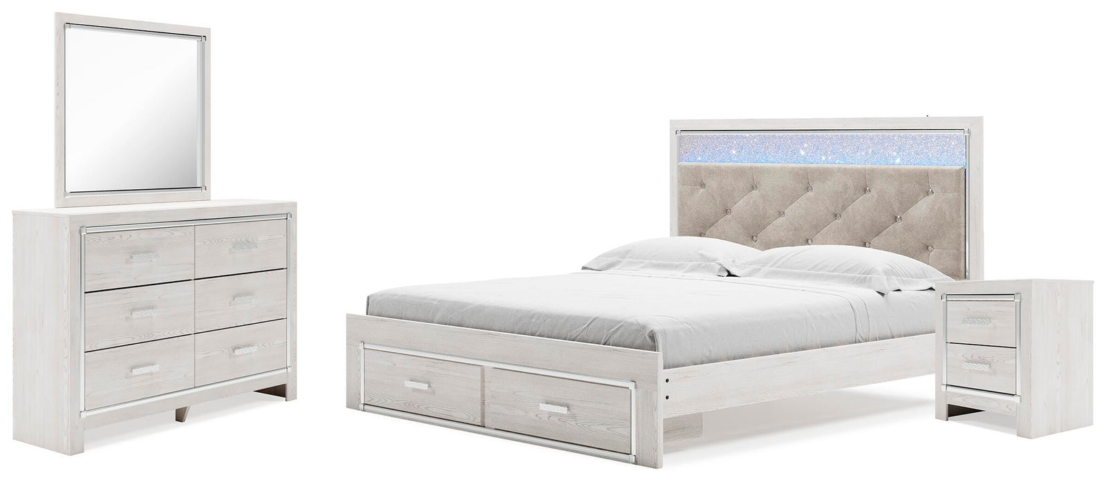 Altyra Upholstered Panel Storage Bed, Dresser, Mirror and Nightstand - White  (B2640-SI)