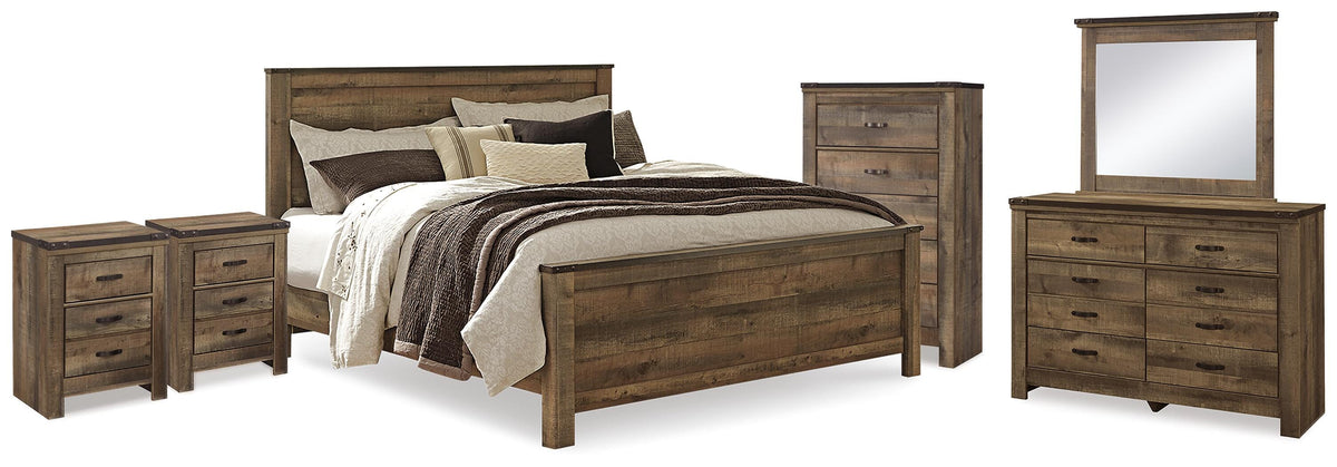 Trinell Panel Bed. Dresser, Mirror, Chest and 2 Nightstands - Brown  (B446-SI)