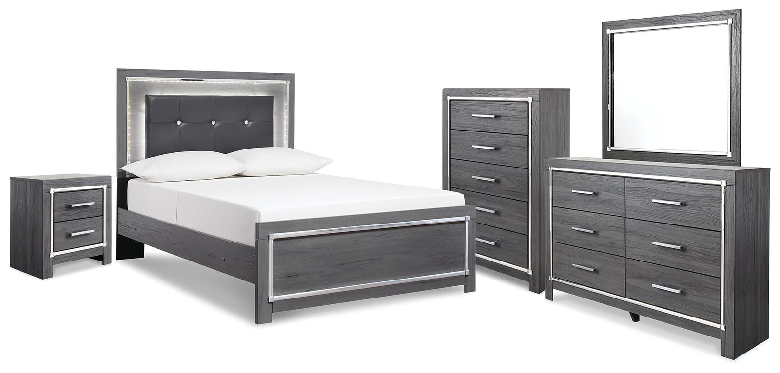 Lodanna Panel Bed, Dresser, Mirror, Chest and Nightstand - Gray  (B214-SI)