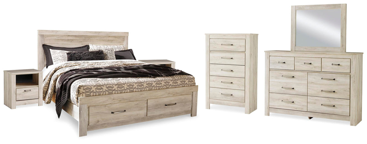 Bellaby Storage Bed, Dresser, Mirror, Chest and 2 Nightstands - Whitewash  (B331-SI)