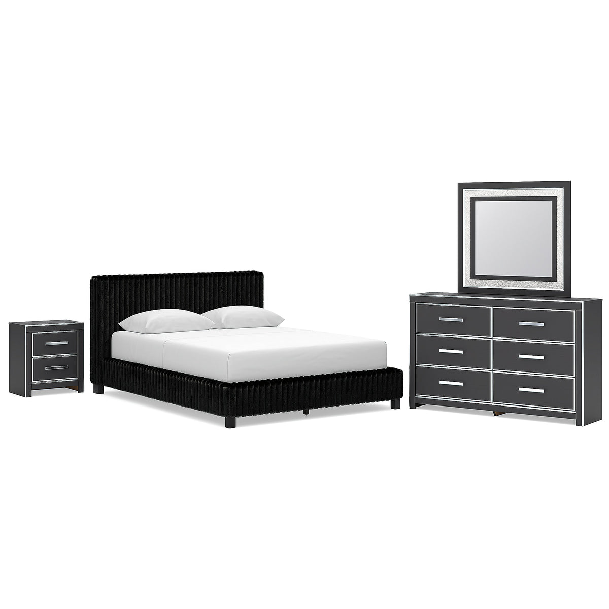 Zuraleus Queen Upholstered Bed, Dresser, Mirror and Nightstand (PCB3380-SI)