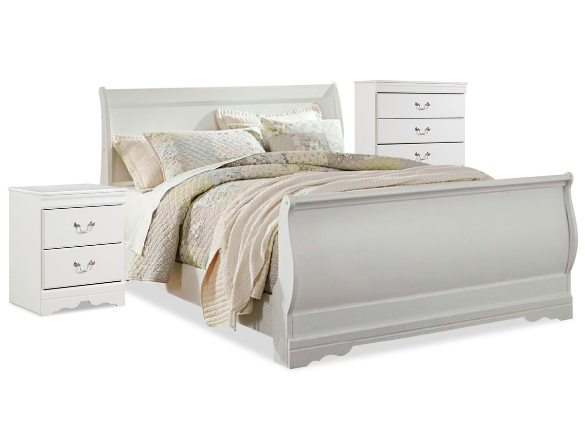 Anarasia Sleigh Bed with Chest of Drawers and Nightstand - White  (B129-SI)
