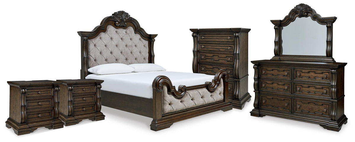 Maylee Upholstered Bed, Dresser, Mirror, Chest and 2 Nightstands - Dark Brown  (B947-SI)