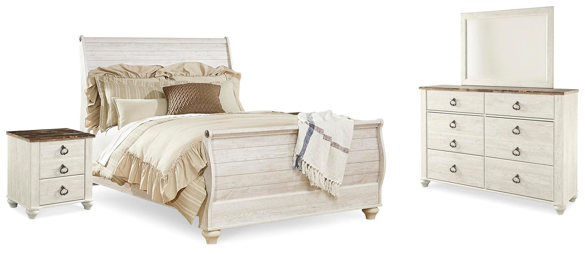 Willowton Sleigh Bed, Dresser, Mirror and 2 Nightstands - Whitewash  (B267-SI)