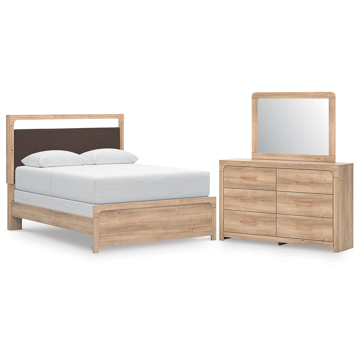 Kinlanni Queen Upholstered Panel Bed, Dresser and Mirror (PCB1360-SI)