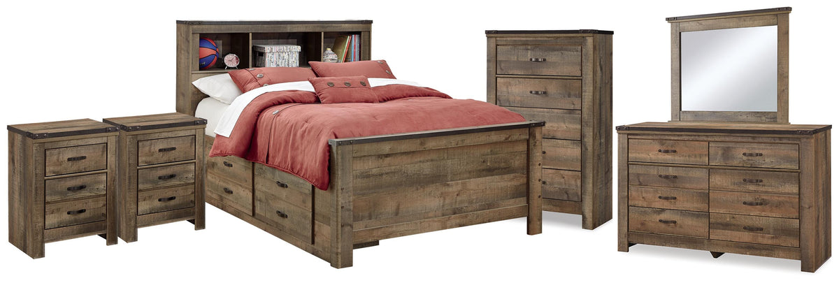 Trinell Bookcase Storage Bed, Dresser, Mirror, Chest and 2 Nightstands - Brown  (B446-SI)
