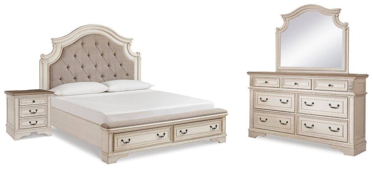 Realyn Upholstered Panel Bed, Dresser, Mirror and Nightstand - Two-tone  (B743-SI)