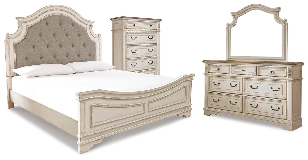 Realyn Panel Bed, Dresser, Mirror and Chest - Two-tone  (B743-SI)