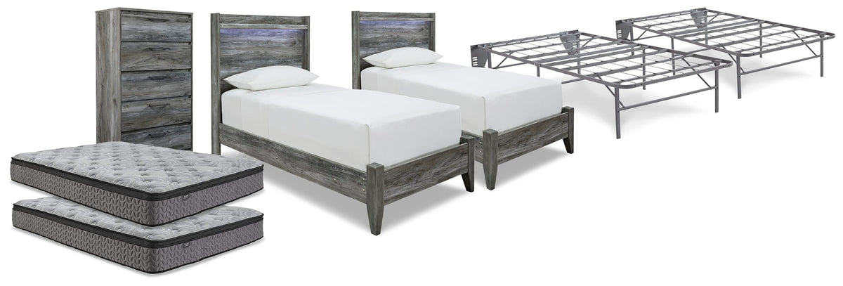 Baystorm 2 Panel Beds, 2 Mattresses, 2 Foundations, and Chest - Gray  (B221-SI)