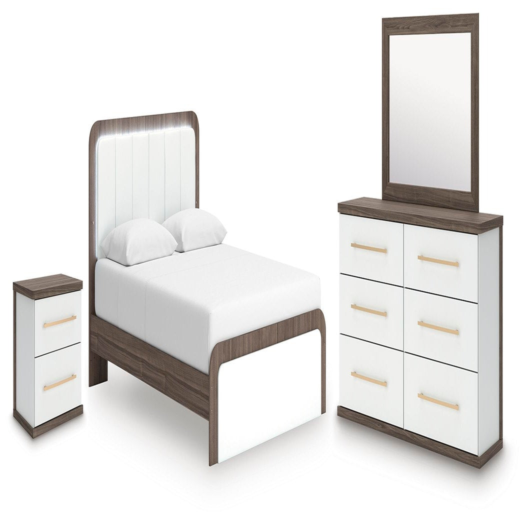 Kendanport Queen Upholstered Bed, Dresser, Mirror and Nightstand (PCB1108-SI)