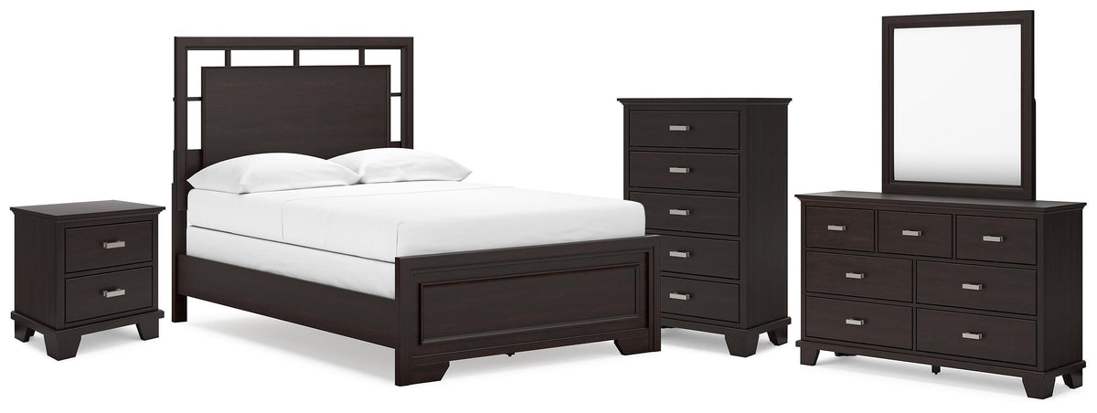 Covetown Panel Bed, Dresser, Mirror, Chest and Nightstand - Dark Brown  (B441-SI)