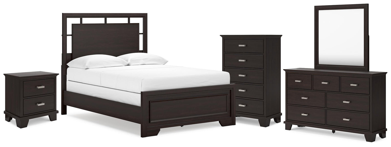 Covetown Panel Bed, Dresser, Mirror, Chest and Nightstand - Dark Brown  (B441-SI)