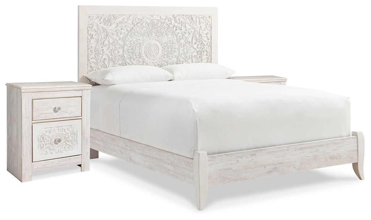 Paxberry Panel Bed and 2 Nightstands - Whitewash  (B181-SI)