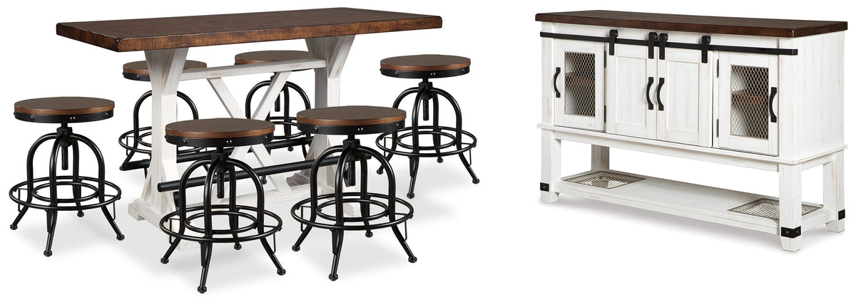 Valebeck Counter Height Dining Table, 6 Barstools and Server (D546-SI)