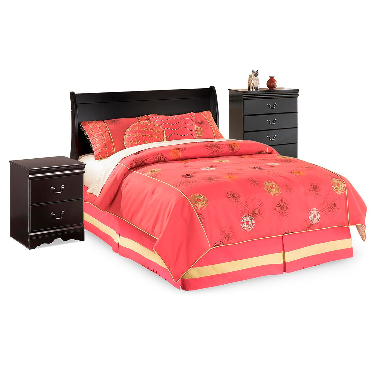 Huey Vineyard Sleigh Headboard, Chest and Nightstand - Black  (B128-SI)