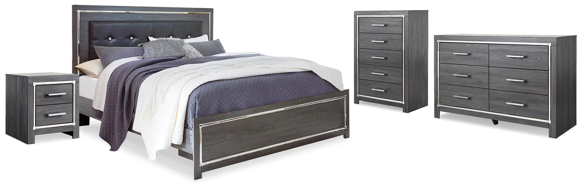Lodanna Upholstered Panel Bed, Dresser, Chest and 2 Nightstands - Gray  (B214-SI)