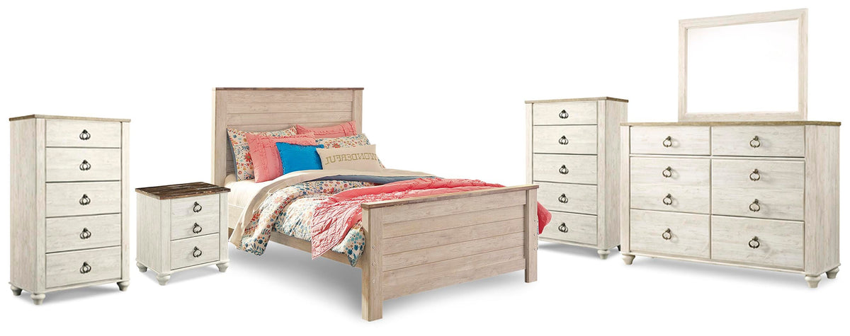 Willowton Panel Bed, Dresser, Mirror, 2 Chests and nightstand - Whitewash  (B267-SI)