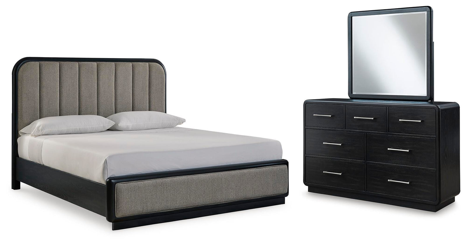 Rowanbeck Upholstered Panel Bed, Dresser and Mirror - Black  (B821-SI)
