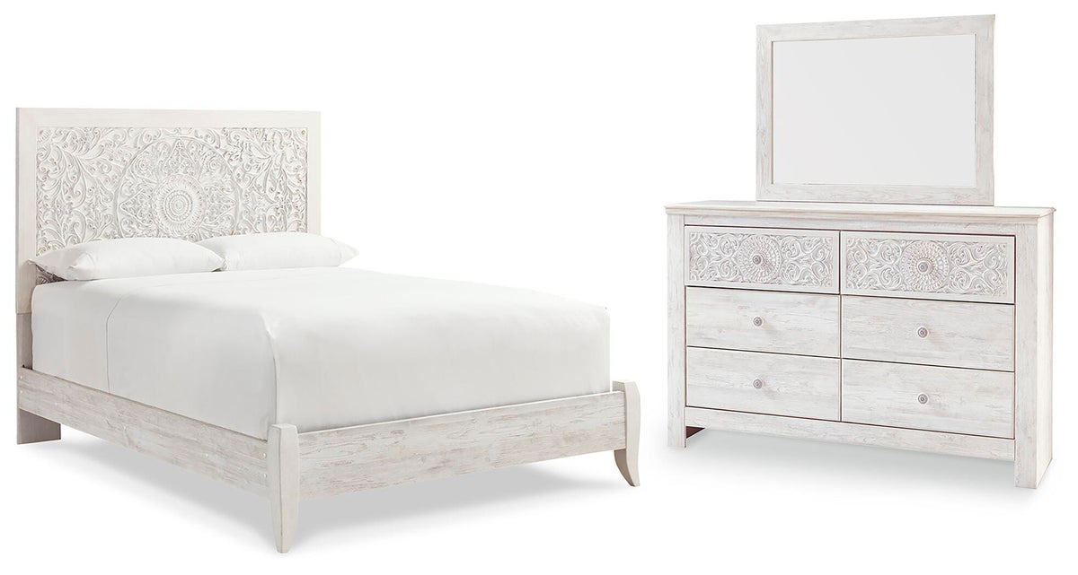 Paxberry Panel Bed, Dresser and Mirror - Whitewash  (B181-SI)