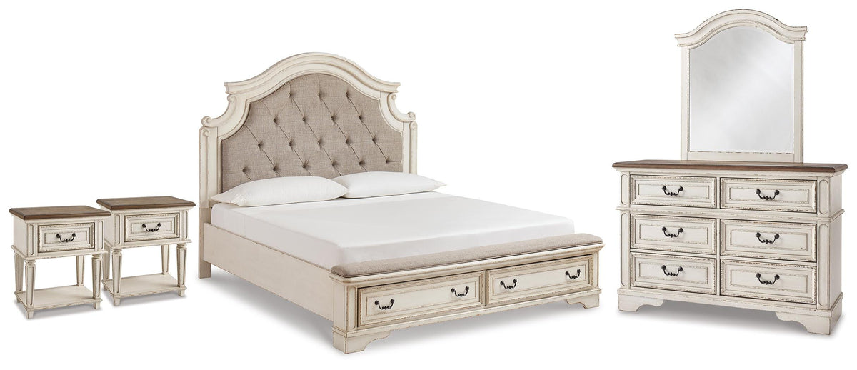 Realyn Panel Storage Bed, Dresser, Mirror and 2 Nightstands - Two-tone  (B743-SI)