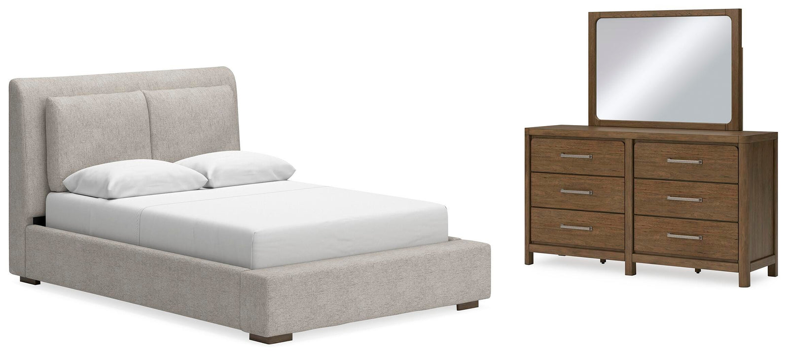 Cabalynn Upholstered Bed, Dresser and Mirror - Light Brown  (B974-SI)