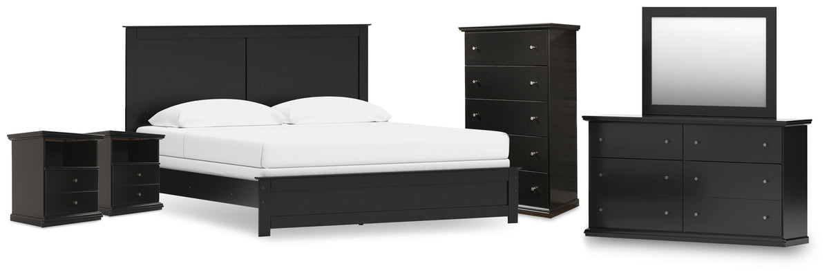 Maribel Panel Bed, Dresser, Mirror, Chest, and 2 Nightstands - Black  (B138-SI)