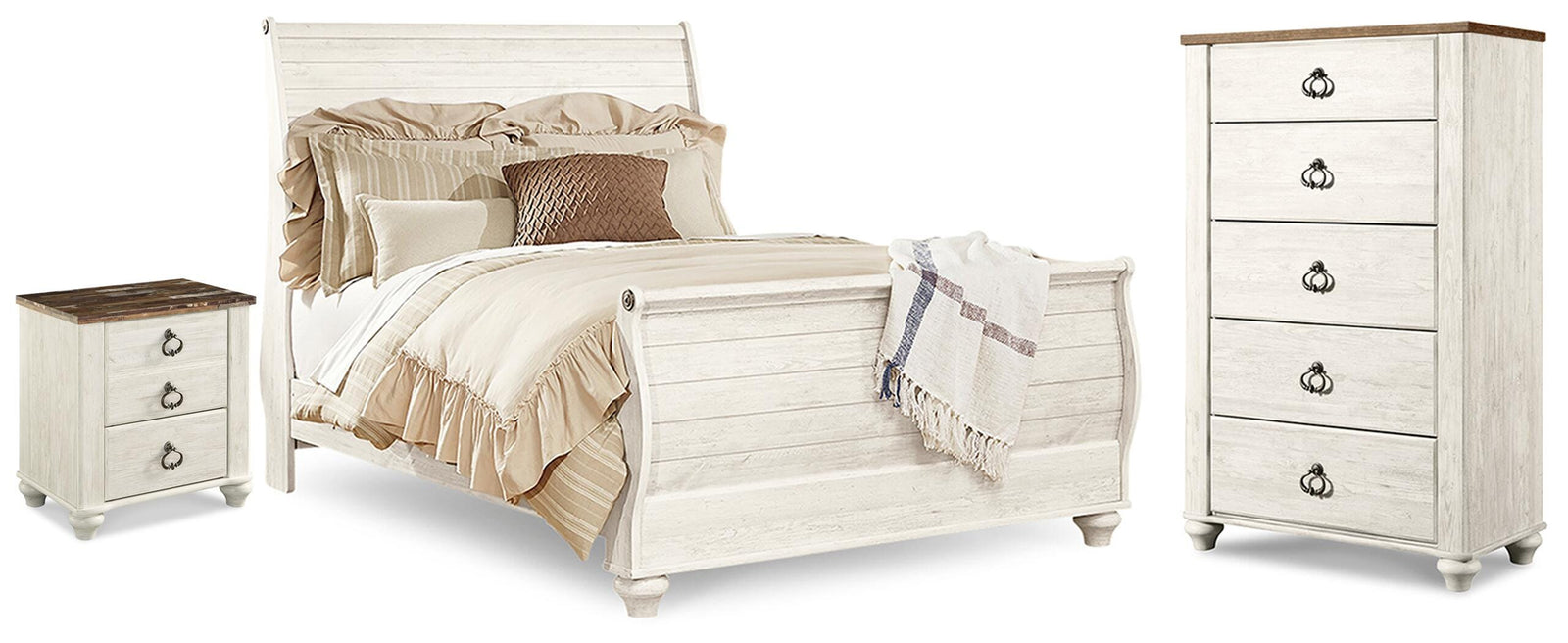 Willowton Sleigh Bed, Chest and Nightstand (B267-SI)
