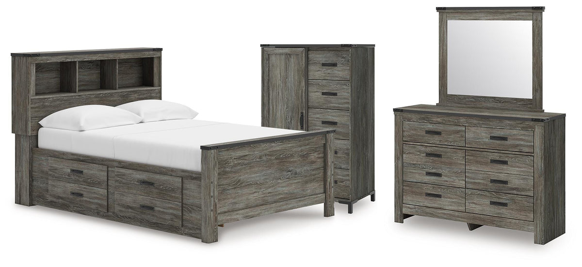 Frandern Bookcase Panel Bed with Storage, Dresser, Mirror and Chest (B4480-SI)