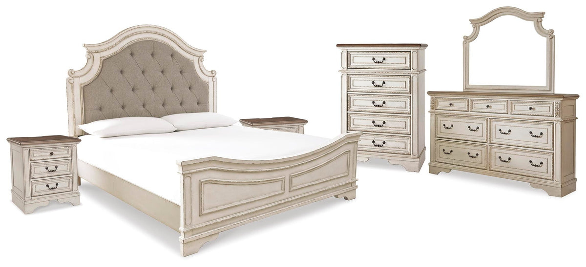 Realyn Upholstered Panel Bed, Dresser, Mirror, Chest and 2 Nightstands - Two-tone  (B743-SI)