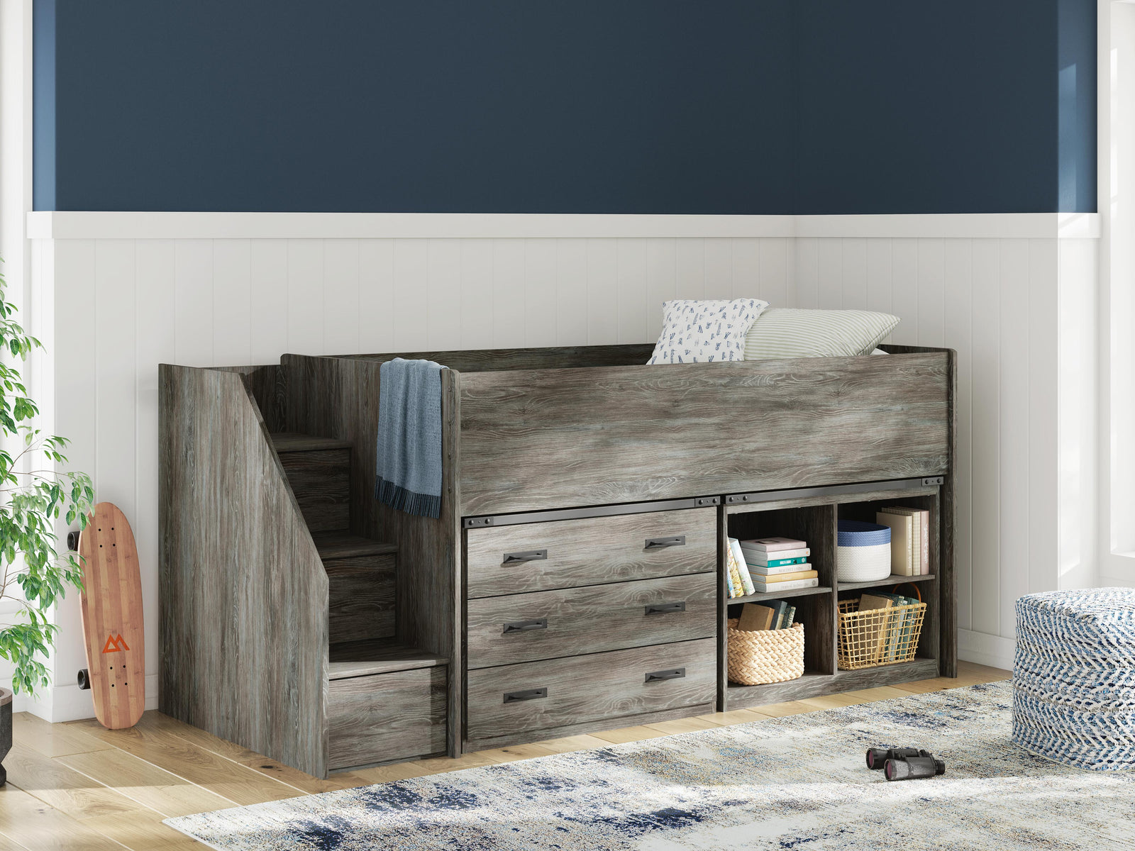 Frandern Loft Bed with Bookcase and Drawer Storage (Youth) - Gray  (B4480-SI) - Image 9
