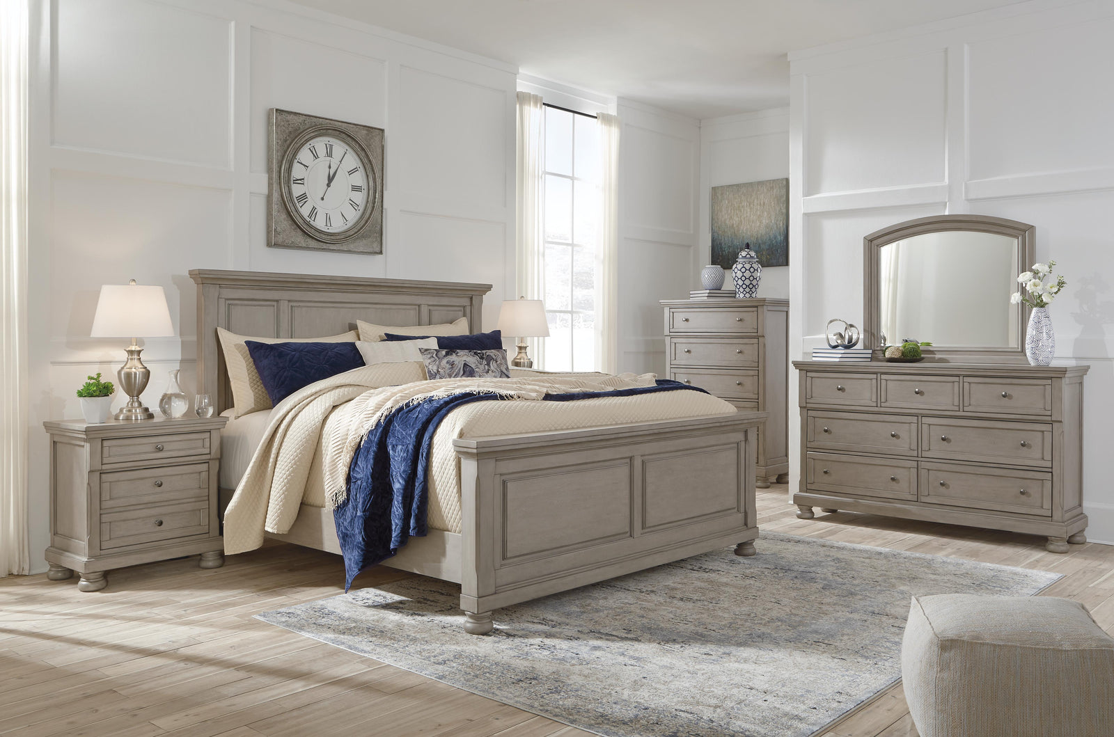Lettner Panel Bed, Dresser, Mirror and 2 Nightstands - Light Gray  (B733-SI) - Image 6