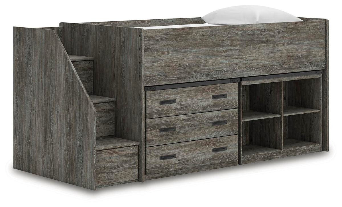 Frandern Loft Bed with Bookcase and Drawer Storage (Youth) - Gray  (B4480-SI)