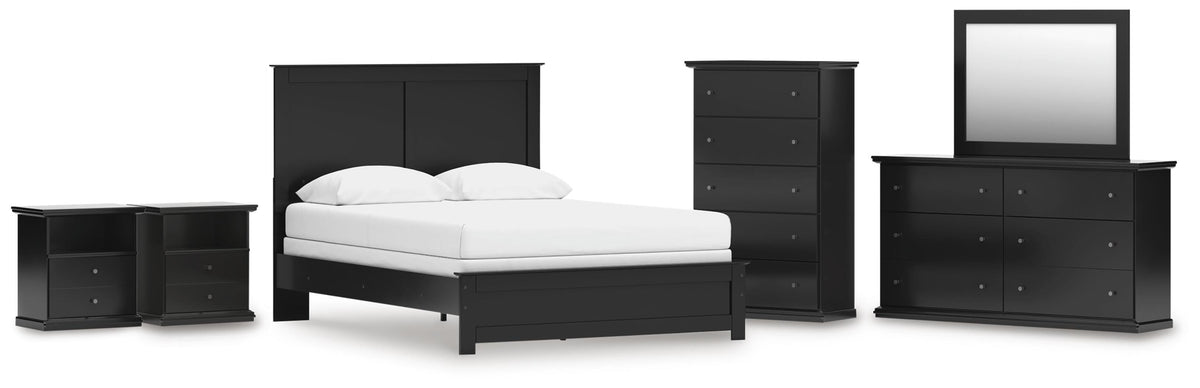 Maribel Panel Bed, Dresser, Mirror, Chest and 2 Nightstands - Black  (B138-SI)