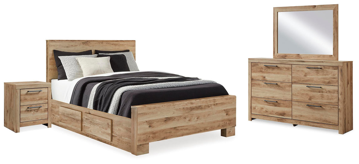 Hyanna Panel Bed with Storage, Dresser, Mirror and Nightstand - Tan Brown  (B1050-SI)