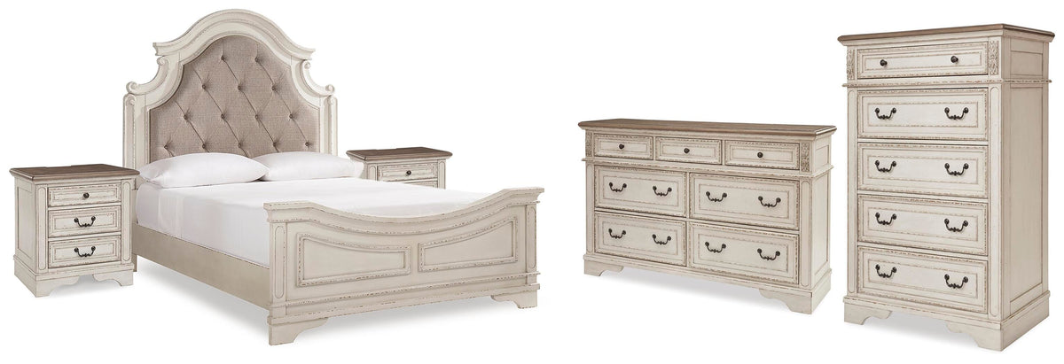 Realyn Panel Bed, Dresser, Chest and 2 Nightstands - Two-tone  (B743-SI)