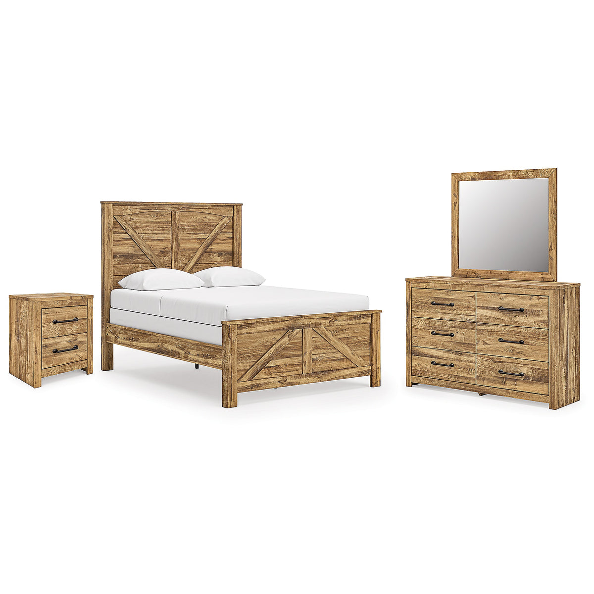 Maystonna Queen Crossbuck Panel Bed, Dresser, Mirror and Nightstand (PCB1580-SI)
