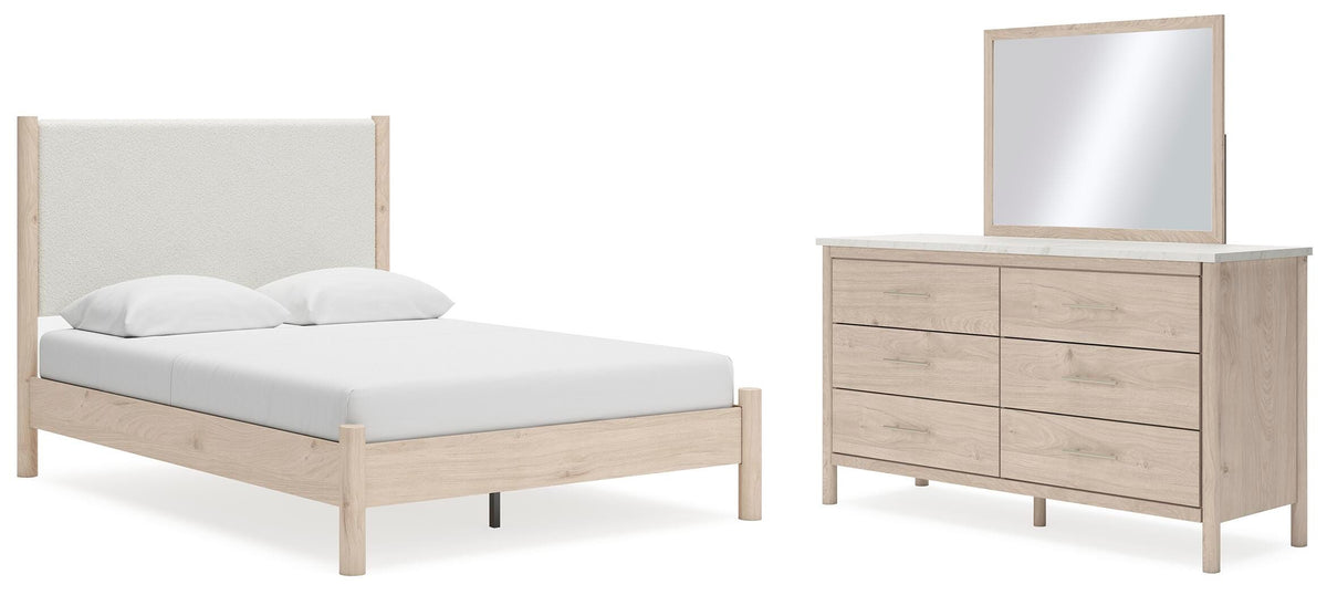 Cadmori Upholstered Panel Bed, Dresser and Mirror - Two-tone  (B2615-SI)