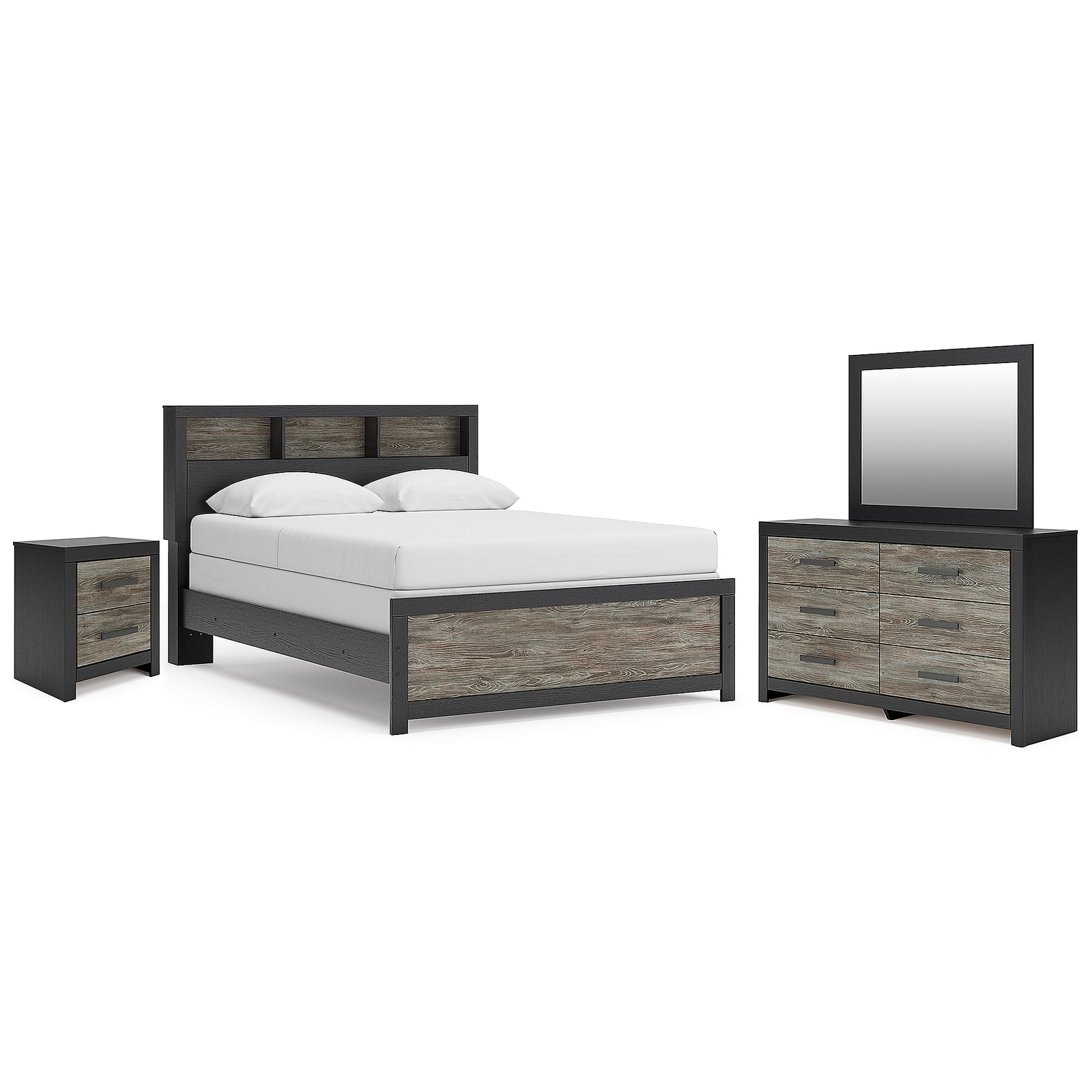 Broachmyn Queen Bookcase Panel Bed, Dresser, Mirror and Nightstand (PCB1118-SI)