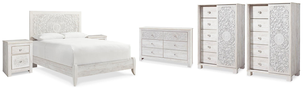Paxberry Panel Bed, Dresser, 2 Chests and 2 Nightstands - Whitewash  (B181-SI)