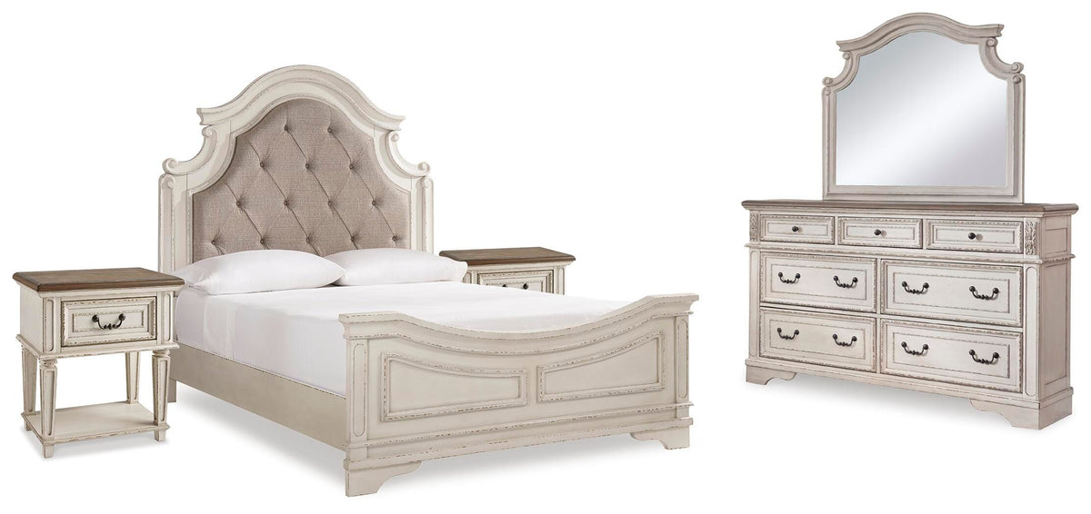 Realyn Upholstered Panel Bed, Dresser, Mirror and 2 Nightstands - Two-tone  (B743-SI)