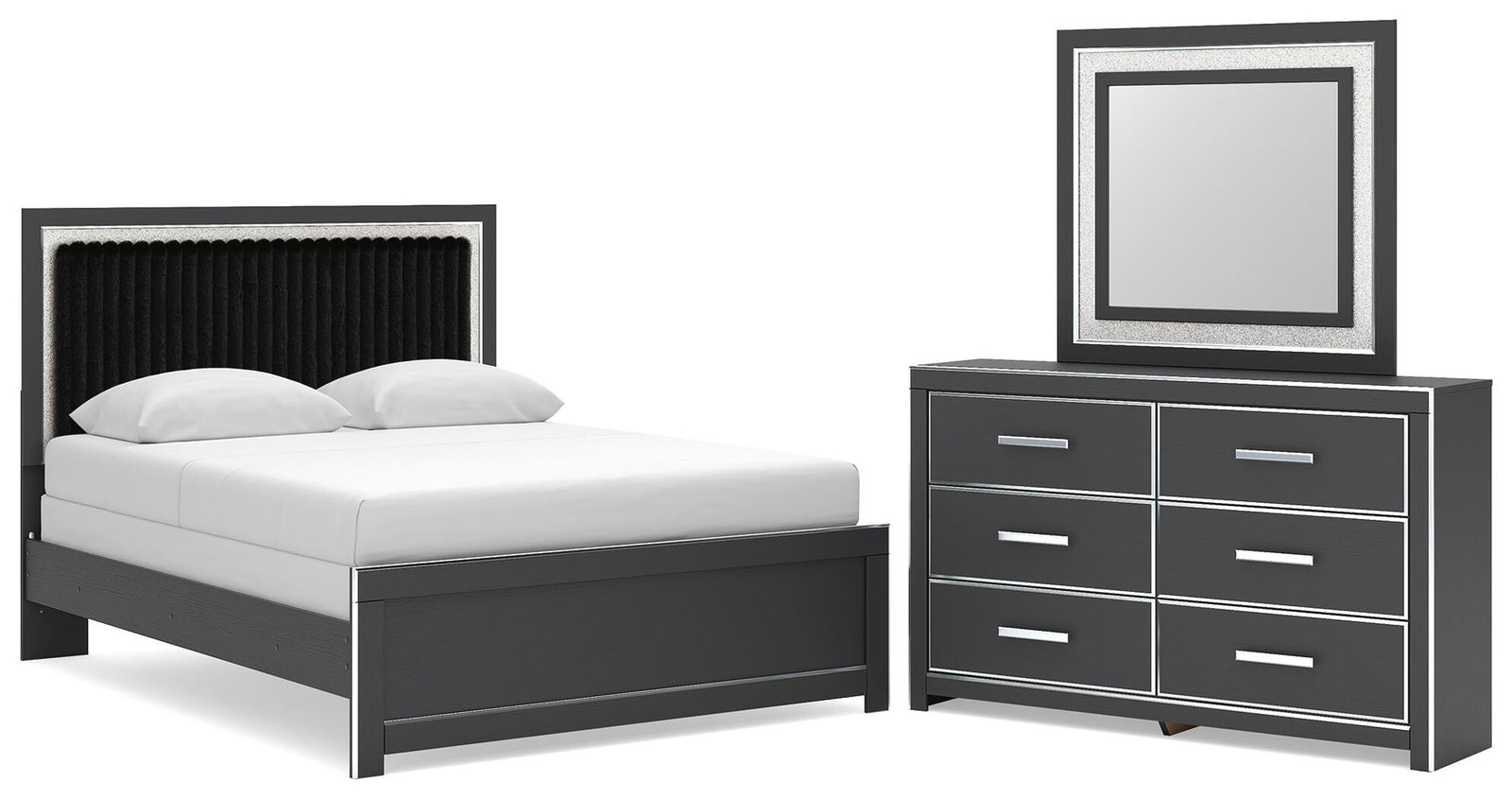 Zuraleus Queen Upholstered Panel Bed, Dresser and Mirror (PCB3380-SI)
