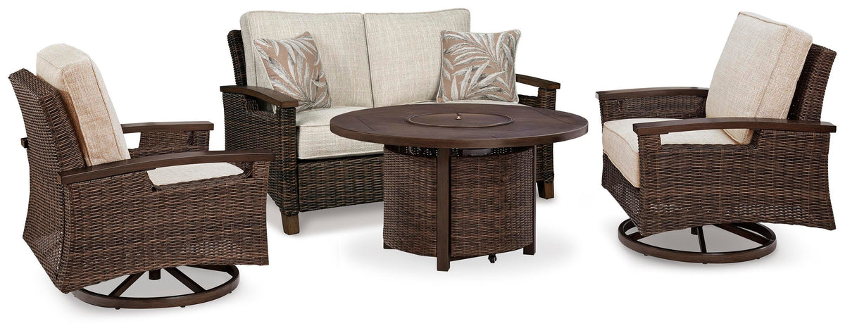 Paradise Trail Outdoor Loveseat, Fire Pit Table and 2 Lounge Chairs (P750-SI)
