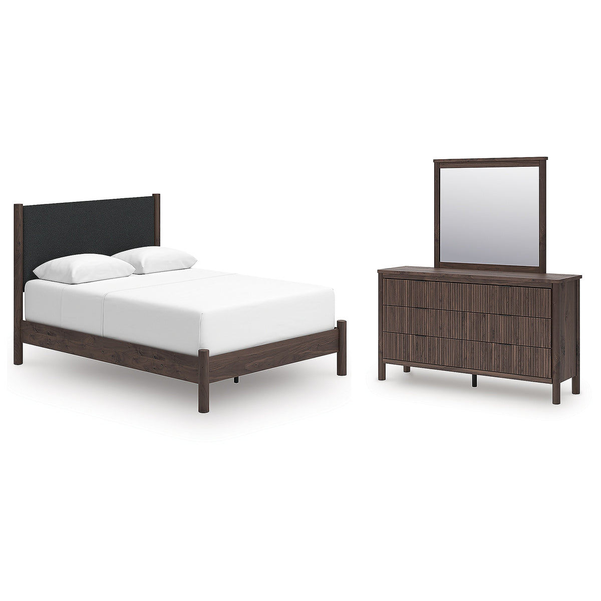 Pamytta Queen Upholstered Panel Bed, Dresser and Mirror (PCB2614-SI)