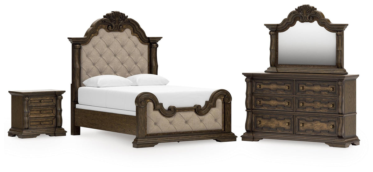 Maylee Upholstered Panel Bed, Dresser, Mirror and Nightstand - Dark Brown  (B947-SI)
