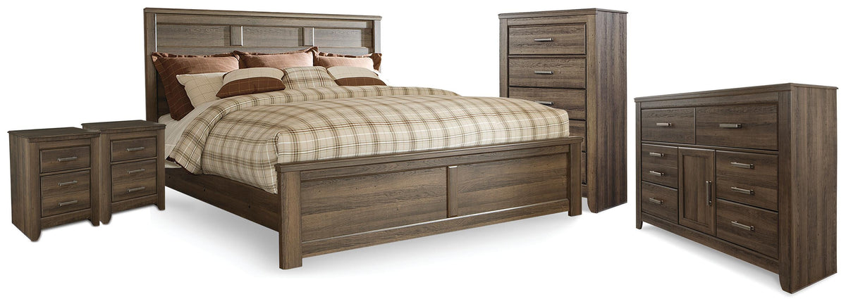Juararo Panel Bed, Dresser, Chest and 2 Nightstands - Dark Brown  (B251-SI)