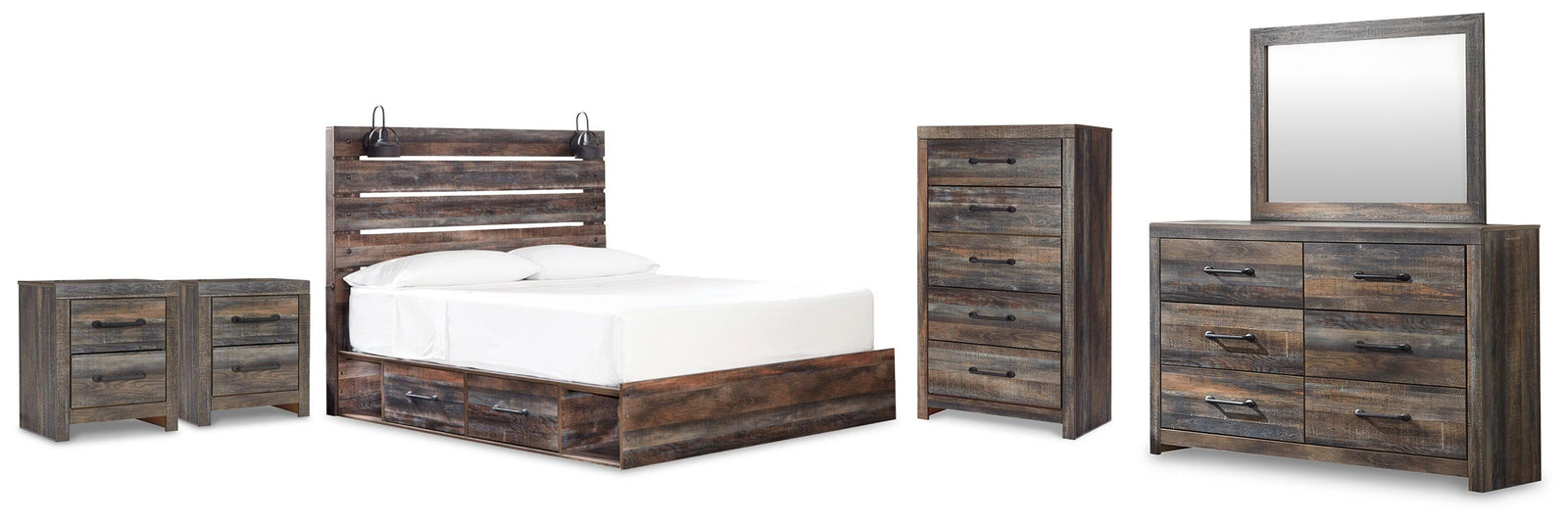 Drystan Panel Bed with Storage, Dresser, Mirror, Chest and 2 Nightstands - Multi  (B211-SI)