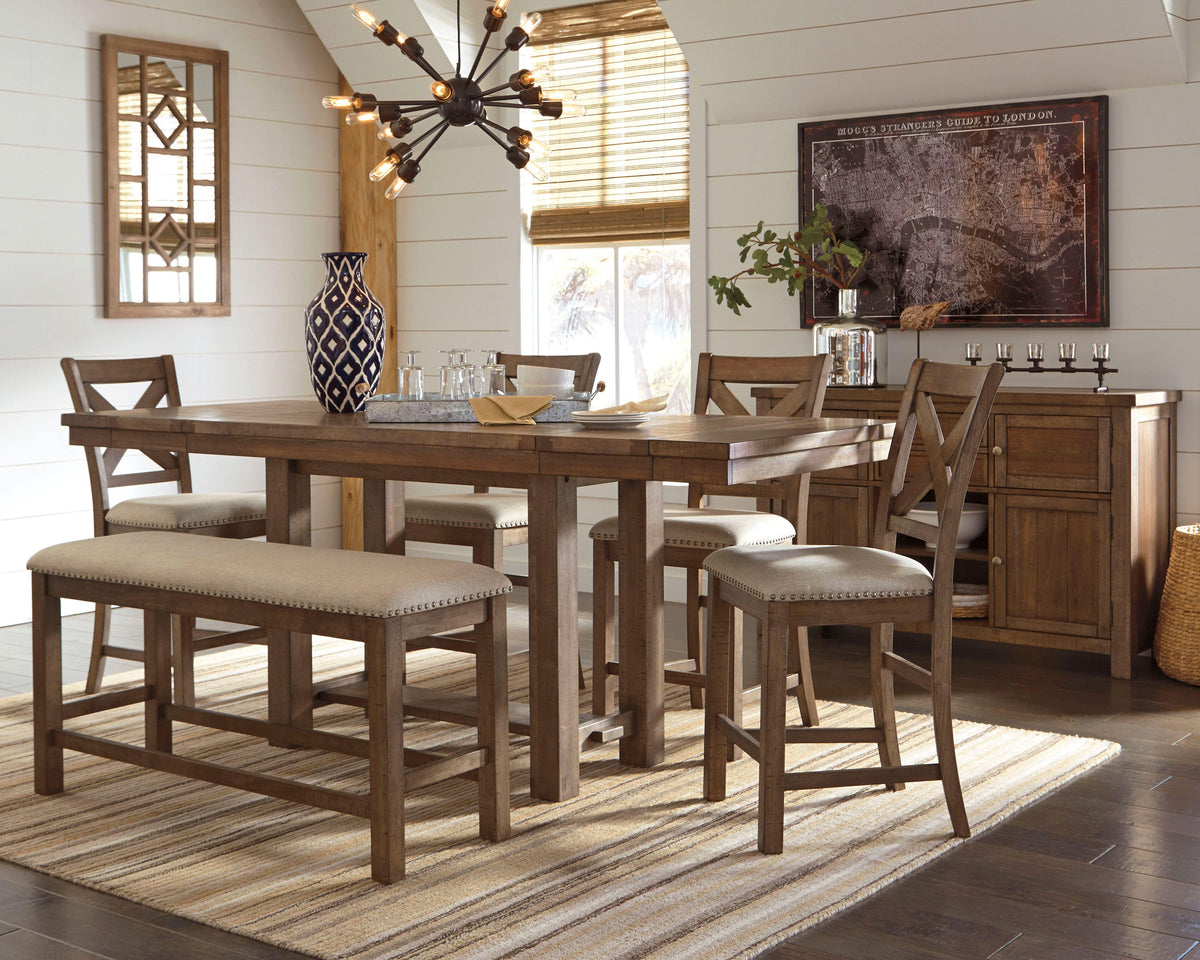 Moriville Counter Height Dining Table with 4 Barstools, Bench, and Server (D631-SI) - Image 2