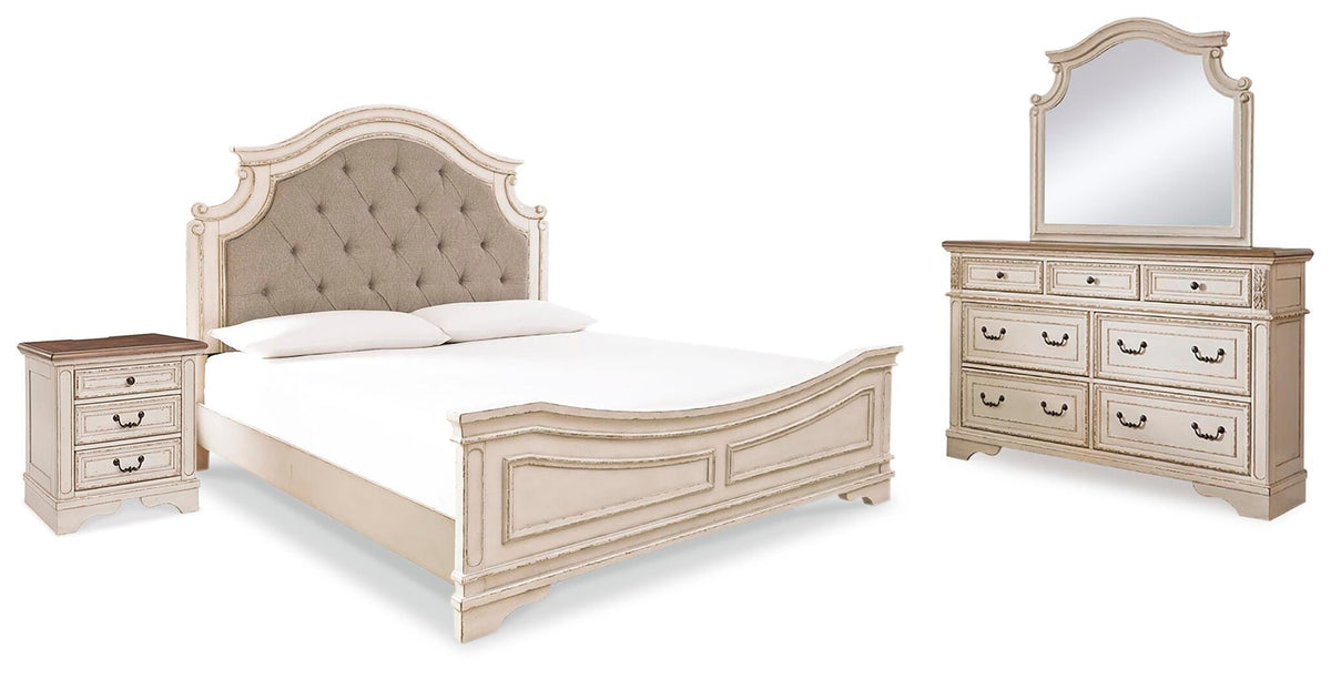 Realyn Panel Bed, Dresser, Mirror and Nightstand - Two-tone  (B743-SI)
